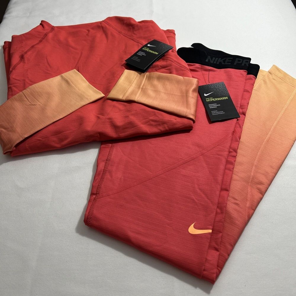 Nike Pro Women's Hyperwarm Fade Training Large Top Medium Pants Coral Peach
